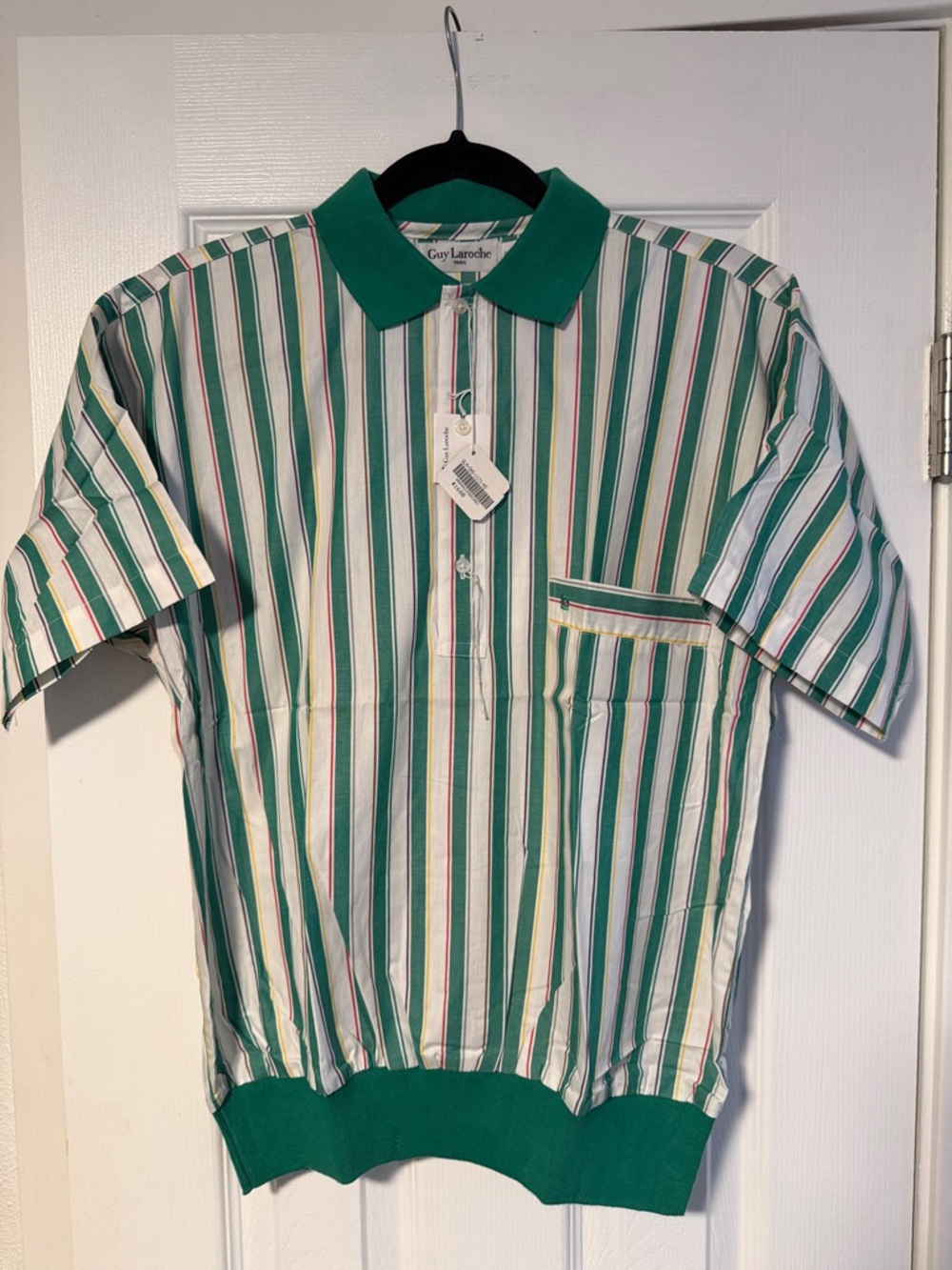 Vintage Guy Laroche Green and White Vertical Stripe Polo with Chest Pocket